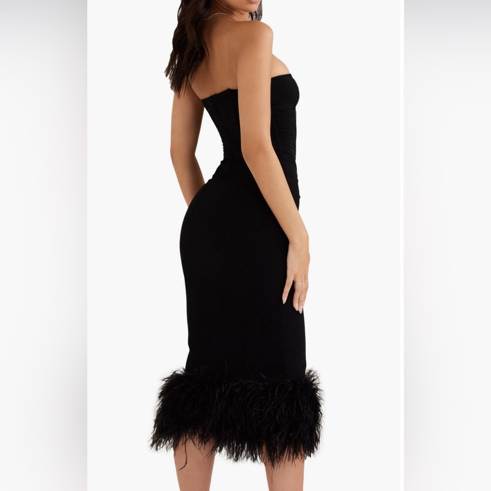 House of CB Black Strapless Dress with Feather Detail